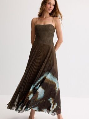 AMUR Sue Olive Green Pleated Maxi Chiffon Dress Tie Dye Gown - Size 6
